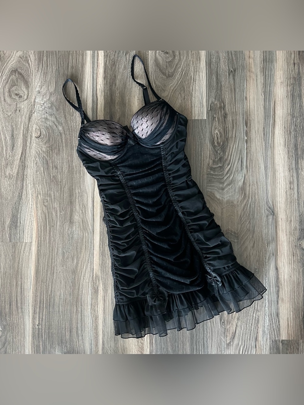Victoria's Secret Black Ruched Slip Dress with Sheer Dotted Cups